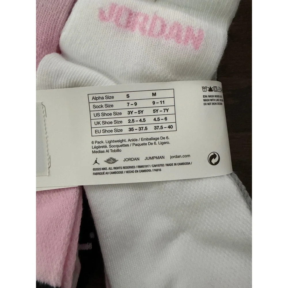 Jordan Ankle Socks 6 Pack Pink Black White Grey Youth 3Y-5Y Women 4-6 WJ0139-A9Y